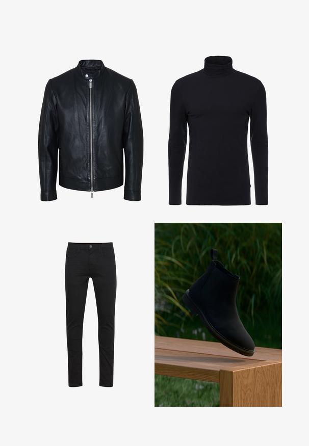 Schwarze Lederjacke mit zentralem silbernem Reißverschluss und Druckknopfkragen, langen Ärmeln und glatter Textur, vorne auf weißem Hintergrund dargestellt.; Schwarzes Langarm-Turtleneck-Shirt aus weichem, dehnbaren Stoff. Verfügt über ein tailliertes Design und eine glatte Textur. Keine sichtbaren Muster oder Akzente.; Schwarze Skinny-Jeans aus leichtem Stoff, mit einem Frontknopfverschluss, fünf Taschen und dezenten Nahtdetails.; Schwarzer Chelsea-Stiefel aus glattem Leder mit Zuglasche, runder Spitze, elastischen Seitenteilen und niedrigem Absatz. Auf einer Holzoberfläche präsentiert.
