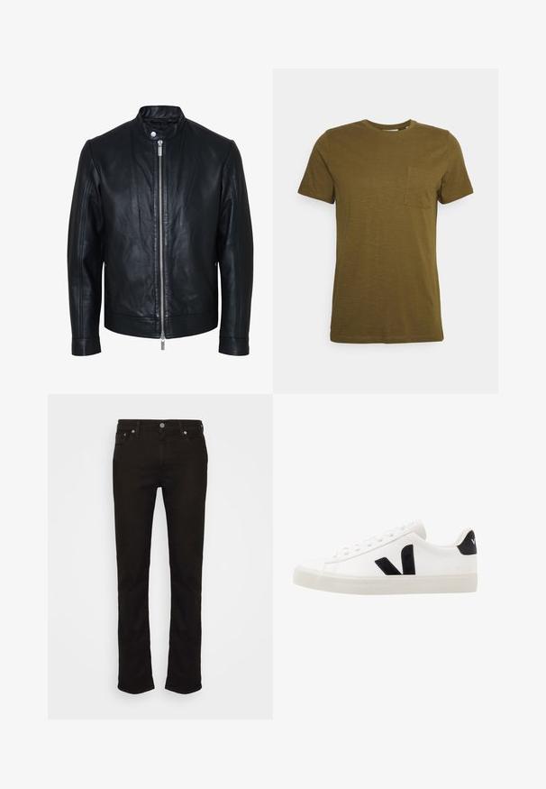 Sort læderjakke med central sølv lynlås og knapkrave, lange ærmer og glat tekstur, vist forfra på hvid baggrund.; Oliven grøn kortærmet T-shirt lavet af blødt stof, med rund halsudskæring og en enkelt brystlomme, der har ren syning og en glat tekstur.; Sorte denim jeans med lige ben, der har et klassisk fem-lomme design, metal knaplukning og diskrete syninger.; Hvide lædersneakers med sorte ruskindsdetaljer; har en gummisål, rund tå og klassisk snørebåndsdesign. Side logo i sort.