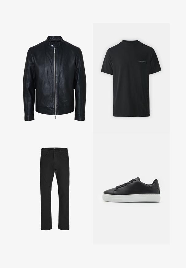 Sort læderjakke med central sølv lynlås og knapkrave, lange ærmer og glat tekstur, vist forfra på hvid baggrund.; Sort bomulds t-shirt med klassisk rund hals, korte ærmer og to små hvide "SAMSØE" logoer på venstre bryst.; R.D.D. ROYAL DENIM DIVISION Regular fit RDD Royal Selvedge RE 330 Relaxed - Jeans Straight Leg - black denim; Sorte lædersneakers med rund tå, hvid gummisål og sorte snørebånd. Har en glat overflade og minimalistisk design.