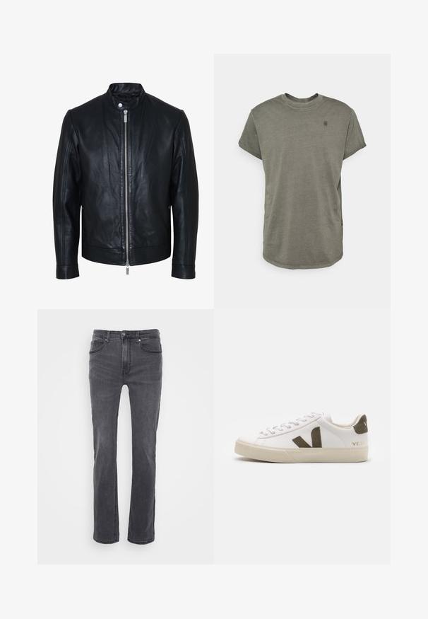 Sort læderjakke med central sølv lynlås og knapkrave, lange ærmer og glat tekstur, vist forfra på hvid baggrund.; G-STAR LASH - T-shirts basic - GREY; Grå denimjeans med lige bendesign, der har forlommer og en klassisk knaplukning. Glat tekstur med subtile blegninger.; Hvide læder sneakers med en lys beige gummisål. Har en brun ruskinds V-logo og hælflap. Snørret lukning med en struktureret overflade.
