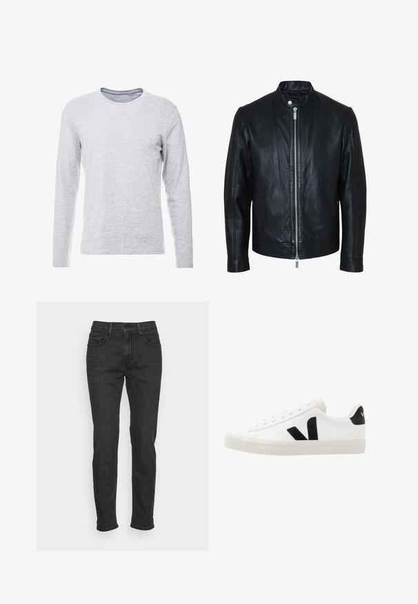 Chaqueta de cuero negra con cremallera plateada central y cuello con botones de presión, mangas largas y textura lisa, mostrada de frente sobre fondo blanco.; Camiseta gris de manga larga en una tela suave y ligera, con un clásico escote redondo y un diseño sencillo y sin adornos.; Vaqueros de mezclilla negra con un corte ajustado, que cuentan con cinco bolsillos, trabillas para cinturón y detalles de costura sutiles. Textura desgastada a lo largo de la tela.; Zapatilla de cuero blanca con acentos de ante negro; presenta una suela de goma, puntera redonda y un diseño clásico de cordones. Logo lateral en negro.