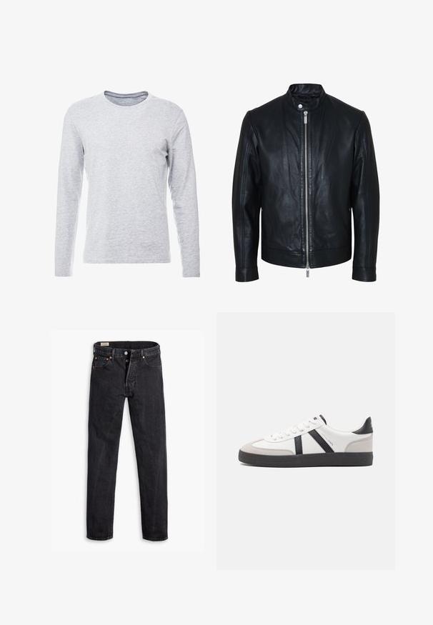 Chaqueta de cuero negra con cremallera plateada central y cuello con botones de presión, mangas largas y textura lisa, mostrada de frente sobre fondo blanco.; Camiseta gris de manga larga en una tela suave y ligera, con un clásico escote redondo y un diseño sencillo y sin adornos.; Vaqueros negros de tiro alto con pierna recta, bragueta con botones y diseño de cinco bolsillos, extendidos sobre fondo blanco.; Zapatilla blanca con acentos en negro y gris, que presenta una puntera texturizada en gris, suela de goma negra y cordones planos blancos. Diseño limpio, estilo minimalista.