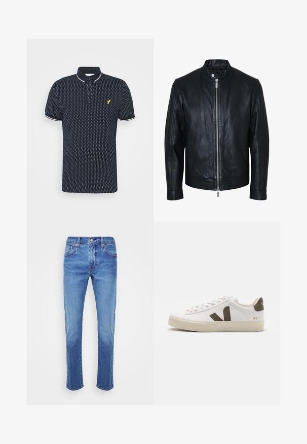 Chaqueta de cuero negra con cremallera plateada central y cuello con botones de presión, mangas largas y textura lisa, mostrada de frente sobre fondo blanco.; Polo navy con un pequeño patrón de puntos blancos, mangas cortas, acentos blancos en el cuello y los puños, y un logo amarillo en el pecho.; Pantalones vaqueros de mezclilla azul claro con un diseño de pierna recta, estilo de cinco bolsillos y remaches de cobre. La tela tiene una ligera textura con detalles de desvanecimiento.; Zapatillas de cuero blanco con una suela de goma beige claro. Presenta un logo en forma de V de gamuza marrón y una pestaña en el talón. Cierre con cordones y superficie texturizada.