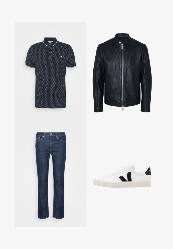 Veste en cuir noire avec fermeture éclair centrale argentée et col à boutons-pression, manches longues et texture lisse, présentée de face sur fond blanc.; Polo-shirt marine avec un petit motif de pois blancs, manches courtes, accents blancs sur le col et les poignets, et un logo jaune sur la poitrine.; Jean en denim droit bleu foncé avec des coutures orange, cinq poches, et une fermeture à bouton et à zip à l'avant.; Sneaker blanche en cuir avec des accents en daim noir ; dispose d'une semelle en caoutchouc, d'un bout rond et d'un design classique à lacets. Logo latéral en noir.