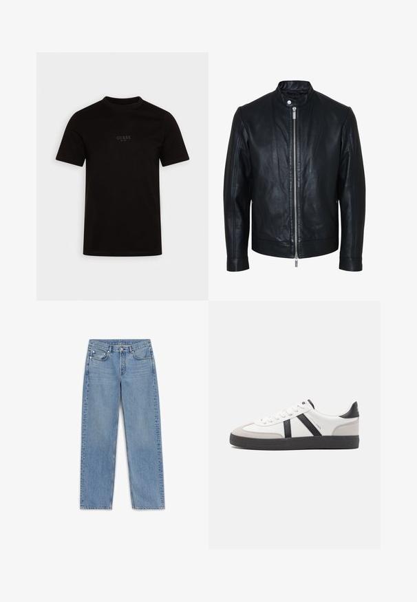 Sort læderjakke med central sølv lynlås og knapkrave, lange ærmer og glat tekstur, vist forfra på hvid baggrund.; Sort kortærmet t-shirt lavet af bomuld, med rund halsudskæring og et logo på forsiden af brystet med "GUESS EST. 1981" i et diskret design.; Lys blå denim jeans med lige pasform, fem lommer og subtilt slid. Har en knaplukning og stikninger langs sømmene.; Hvide sneakers med sorte og grå detaljer, med en tekstureret grå tåhætte, sort gummisål og flade hvide snørebånd. Rent design, minimalistisk stil.