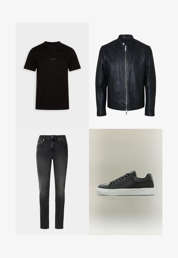 Veste en cuir noire avec fermeture éclair centrale argentée et col à boutons-pression, manches longues et texture lisse, présentée de face sur fond blanc.; T-shirt noir à manches courtes en coton, avec un col rond et un logo sur la poitrine avant avec "GUESS EST. 1981" dans un design subtil.; Jean noir en denim, coupe droite, avec cinq poches et une fermeture à bouton. Un léger délavage ajoute de la texture au tissu.; Baskets basses en cuir noir avec lacets noirs et semelle en caoutchouc blanche sur fond neutre, vue de côté.