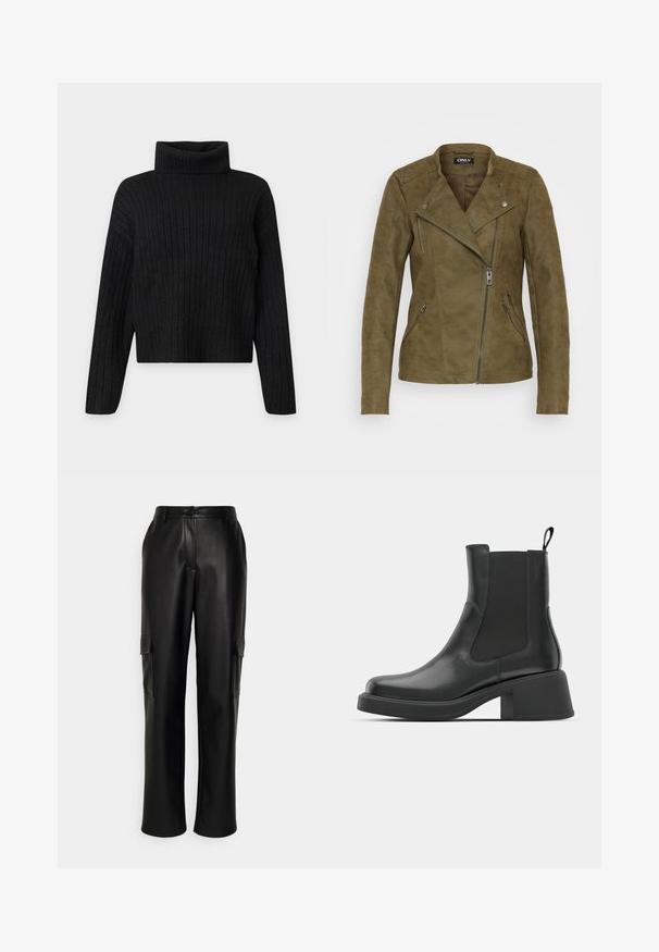 ONLY Tall ONLAVA BIKER - Imiteret læderjakke - kalamata; Sort ribstrikket rullekrave trøje med lange ærmer og en let cropped pasform på en ensfarvet lys baggrund.; ONLY Tall ONLKIM PANT - Cargobukser - black; Sorte læder ankelstøvler med elastiske sidepaneler, afrundet tå og en kraftig blokhæl. Glat tekstur med et minimalistisk design.