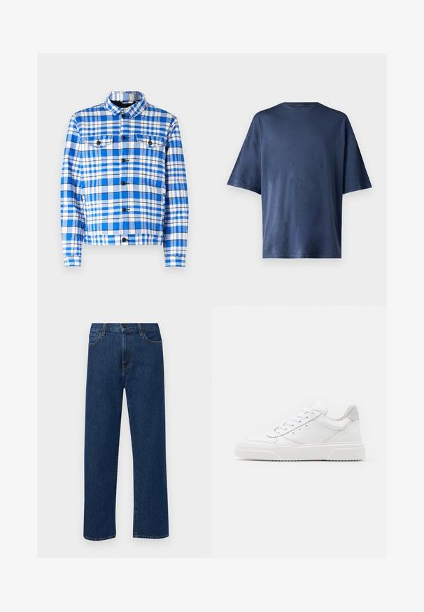 Blå og hvidt ternet skjorte med krave, som har to forlommer, sorte knapper og en blød stoftekstur.; Marineblå kortærmet T-shirt, lavet af blødt stof, har en klassisk rund hals og løs pasform, uden synlige mønstre eller accenter.; Mørkeblå straight-leg denim jeans med forhåndslommer og knaplukning, vist på en ensfarvet hvid baggrund.; Hvide lædersneakers med en glat finish, rund tå, flade snørebånd og en struktureret sål. Grå ruskindsdetalje ved hælen.