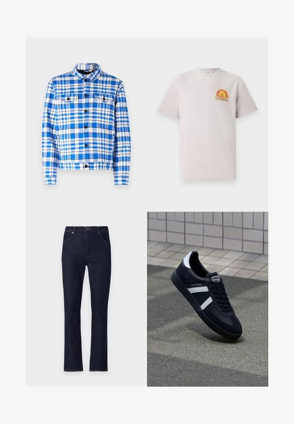 Karoblaues und weißes Hemd mit Kragen, ausgestattet mit zwei vorderen Taschen, schwarzen Knöpfen und einer weichen Stoffstruktur.; Hellgraues Baumwoll-T-Shirt mit Rundhalsausschnitt, das ein farbenfrohes "Lone Château Replay"-Grafikdesign in Orange und Blau auf der Brust zeigt.; Dunkelblaue Jeans mit geradem Bein, Vordertaschen, Gürtelschlaufen und Knopfverschluss.; Schwarze Leder-Sneaker mit weißen Streifen, strukturiertem Gummisohle und Schnürung. Verfügt über ein Markenetikett auf der Zunge.