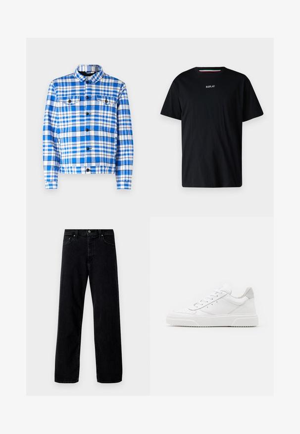 Camisa de cuadros azul y blanca con cuello, que cuenta con dos bolsillos frontales, botones negros y una textura de tela suave.; Camiseta negra de algodón con cuello redondo y mangas cortas. La palabra "REPLAY" está bordada en blanco en el pecho.; Hollister Co. Vaqueros baggy - washed black; Zapatillas de cuero blanca con un acabado suave, punta redondeada, cordones planos y una suela texturada. Acento de ante gris en el talón.