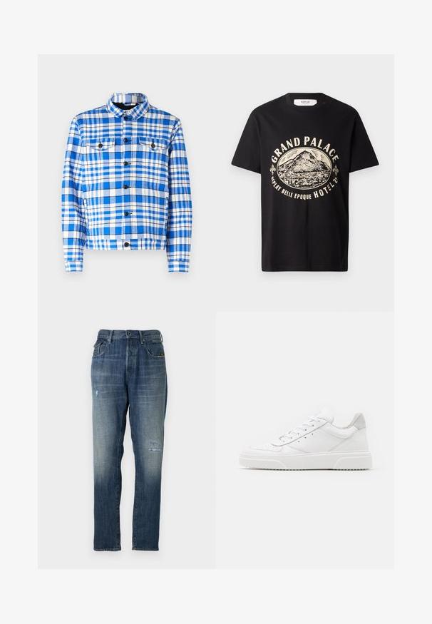 Camisa de cuadros azul y blanca con cuello, que cuenta con dos bolsillos frontales, botones negros y una textura de tela suave.; Camiseta de algodón negra con un estampado gráfico en beige de una montaña y texto que dice "Grand Palace Replay Belle Epoque Hotel". Diseño sencillo de cuello redondo.; Jeans de mezclilla en un color azul deslavado, con un diseño de pierna recta, un desgaste moderado en la parte delantera y un estilo clásico de cinco bolsillos.; Zapatillas de cuero blanca con un acabado suave, punta redondeada, cordones planos y una suela texturada. Acento de ante gris en el talón.