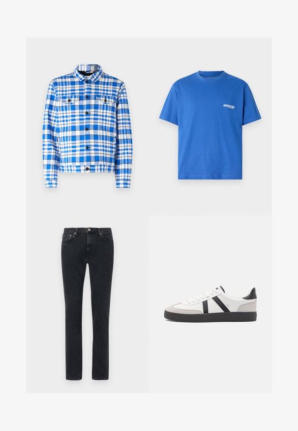 Chemise à carreaux bleue et blanche avec un col, comportant deux poches avant, des boutons noirs et une texture de tissu douce.; T-shirt en coton bleu à manches courtes, col rond, avec un petit logo blanc sur la poitrine gauche. Texture lisse, coupe standard.; Jeans en denim noir avec un design à jambe droite, dotés d'une fermeture à bouton, de passants de ceinture et d'un léger délavage sur le tissu.; Baskets blanches avec des accents noirs et gris, présentant un embout texturé gris, une semelle en caoutchouc noir et des lacets plats blancs. Design épuré, style minimaliste.