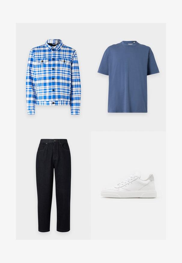 Blå og hvidt ternet skjorte med krave, som har to forlommer, sorte knapper og en blød stoftekstur.; Blå kortærmet T-shirt lavet af blødt bomuld, med rund halsudskæring og en afslappet pasform, samt minimale syninger.; Mørkeblå denimbukser med en afslappet pasform, der har knap- og lynlåslukning, to forlommer og stikninger som pynt.; Hvide lædersneakers med en glat finish, rund tå, flade snørebånd og en struktureret sål. Grå ruskindsdetalje ved hælen.