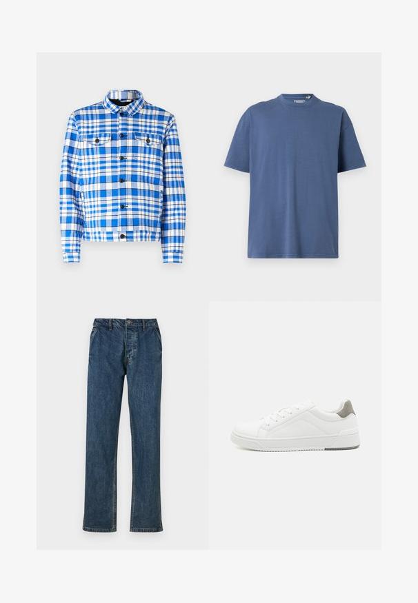 Karoblaues und weißes Hemd mit Kragen, ausgestattet mit zwei vorderen Taschen, schwarzen Knöpfen und einer weichen Stoffstruktur.; Blaues T-Shirt mit kurzen Ärmeln aus weicher Baumwolle, featuring einen Rundhalsausschnitt und einen lässigen Schnitt, mit minimalen Nähedetails.; Blaue Denim-Jeans mit geradem Bein, Fünf-Taschen-Design und Knopfverschluss. Der Stoff zeigt eine subtile Textur mit verblassten Akzenten.; Weißer Sneaker aus glattem Leder, runde Zehenpartie, minimalistisches Design, graue Fersenkante und strukturierte Gummisohle.