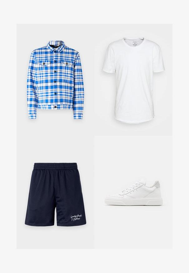Chemise à carreaux bleue et blanche avec un col, comportant deux poches avant, des boutons noirs et une texture de tissu douce.; T-shirt blanc à manches courtes en coton avec un col ras du cou classique. Présente un ourlet légèrement incurvé et des détails de couture minimalistes.; Shorts de sport en mesh bleu marine avec une taille élastique. Présente un texte brodé blanc "Articles de sport et équipements" en bas à droite.; Des baskets en cuir blanc avec une finition lisse, un bout rond, des lacets plats et une semelle texturée. Accents en daim gris au niveau du talon.