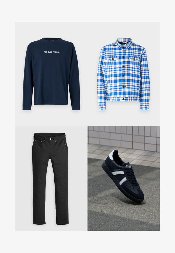 Camisa de cuadros azul y blanca con cuello, que cuenta con dos bolsillos frontales, botones negros y una textura de tela suave.; Camiseta de manga larga en color navy hecha de algodón, con cuello redondo y el texto "RED BULL RACING" en blanco en el pecho.; Pantalones de mezclilla negros con un corte recto, que presentan una cremallera, cinco bolsillos y acentos de botones metálicos. Textura suave.; Zapatilla de cuero negra con rayas blancas, suela de goma texturizada y parte frontal con cordones. Cuenta con una etiqueta de marca en la lengüeta.