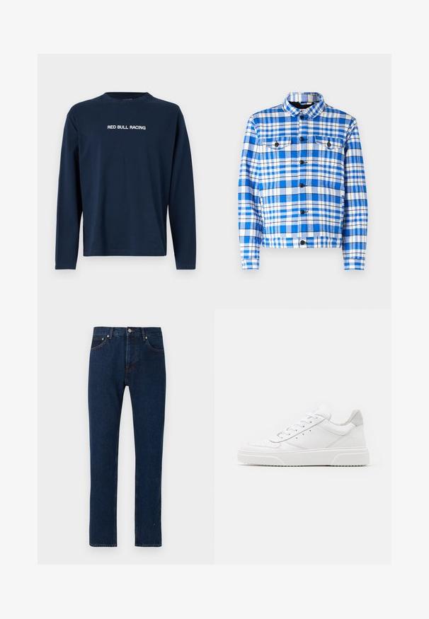 Camisa de cuadros azul y blanca con cuello, que cuenta con dos bolsillos frontales, botones negros y una textura de tela suave.; Camiseta de manga larga en color navy hecha de algodón, con cuello redondo y el texto "RED BULL RACING" en blanco en el pecho.; Vaqueros de mezclilla azul oscuro de corte recto, con cierre frontal de botón y cremallera, diseño de cinco bolsillos y detalles de costuras naranjas.; Zapatillas de cuero blanca con un acabado suave, punta redondeada, cordones planos y una suela texturada. Acento de ante gris en el talón.