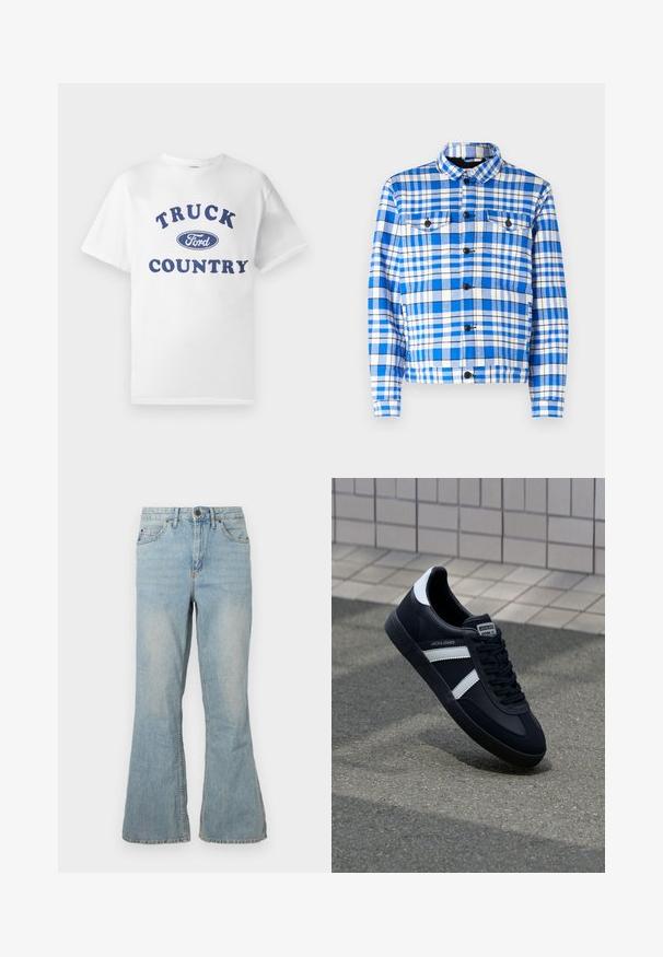 Camisa de cuadros azul y blanca con cuello, que cuenta con dos bolsillos frontales, botones negros y una textura de tela suave.; Camiseta de algodón blanca con texto impreso en azul "TRUCK COUNTRY" y un logo ovalado en azul de "Ford" en el centro. Mangas cortas y cuello redondo.; Jeans de mezclilla azul claro de pitillo con cintura media, cinco bolsillos y costuras visibles. Presentan una textura suave y cierre de cremallera estándar.; Zapatilla de cuero negra con rayas blancas, suela de goma texturizada y parte frontal con cordones. Cuenta con una etiqueta de marca en la lengüeta.