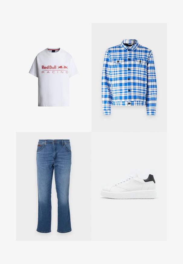 Karoblaues und weißes Hemd mit Kragen, ausgestattet mit zwei vorderen Taschen, schwarzen Knöpfen und einer weichen Stoffstruktur.; Weißes T-Shirt mit kurzen Ärmeln mit rotem "Red Bull Racing" Text und zwei roten Stieren, die sich auf dem vorderen runden Logo gegenüberstehen.; Blaue Jeans aus Denim mit geradem Schnitt, fünf Taschen, Knopfverschluss und dezentem Verblassen an den Oberschenkeln. Sauberer Saum ohne Verzierungen.; Weiße Leder-Sneaker mit schwarzem Fersenbereich, flachen Schnürsenkeln, strukturiertem Zwischensohlenteil und Branding auf der Außenseite. Entworfen für den Casual-Look.