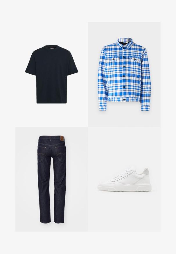 Blå og hvidt ternet skjorte med krave, som har to forlommer, sorte knapper og en blød stoftekstur.; Marineblå bomulds T-shirt med rund hals, korte ærmer og en afslappet pasform. Glat tekstur uden synlige mønstre eller accenter.; Mørkeblå denimjeans vist bagfra med to baglommer, kontrastsyning og en brun læderlap på linningen.; Hvide lædersneakers med en glat finish, rund tå, flade snørebånd og en struktureret sål. Grå ruskindsdetalje ved hælen.