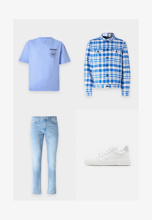 Blå og hvidt ternet skjorte med krave, som har to forlommer, sorte knapper og en blød stoftekstur.; Lys blå bomulds t-shirt med korte ærmer, rund hals og sort "Ramones" logo tryk på venstre brystområde. Glat tekstur.; Lyseblå denimjeans med slim fit, fem lomme-design og subtile falmede detaljer, der har et klassisk lige ben-snits og knaplukning.; Hvide lædersneakers med en glat finish, rund tå, flade snørebånd og en struktureret sål. Grå ruskindsdetalje ved hælen.