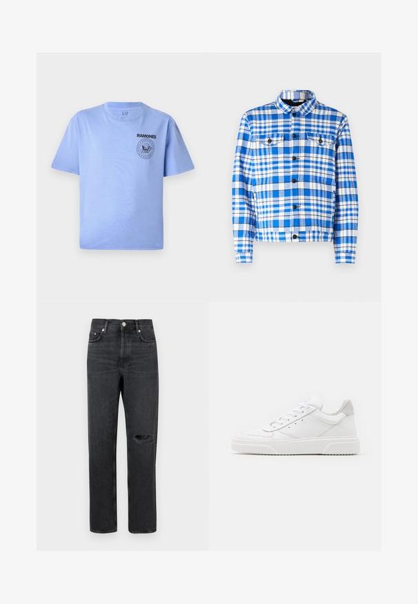 Blå og hvidt ternet skjorte med krave, som har to forlommer, sorte knapper og en blød stoftekstur.; Lys blå bomulds t-shirt med korte ærmer, rund hals og sort "Ramones" logo tryk på venstre brystområde. Glat tekstur.; Sorte denim jeans med lige ben, der har et revnet knæ, fem-lomme design og metalbeslag ved taljen og lommerne.; Hvide lædersneakers med en glat finish, rund tå, flade snørebånd og en struktureret sål. Grå ruskindsdetalje ved hælen.