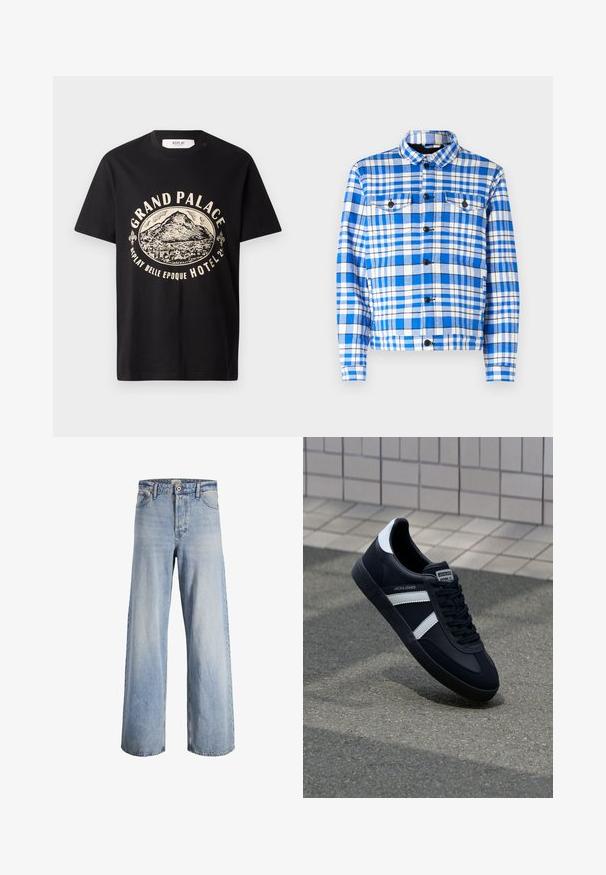 Blå og hvidt ternet skjorte med krave, som har to forlommer, sorte knapper og en blød stoftekstur.; Sort bomulds T-shirt med en beige grafisk print af et bjerg og teksten "Grand Palace Replay Belle Epoque Hotel." Simpelt crew-neck design.; Lysblå højtaljede wide-leg jeans med frontknap og lynlås, fem lommer og falmede detaljer på stoffet.; Sort lædersneaker med hvide striber, tekstureret gummisål og snørrebånd foran. Har et brandet mærke på tungen.