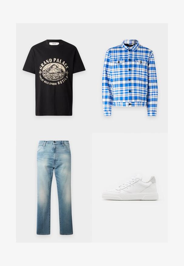 Camisa de cuadros azul y blanca con cuello, que cuenta con dos bolsillos frontales, botones negros y una textura de tela suave.; Camiseta de algodón negra con un estampado gráfico en beige de una montaña y texto que dice "Grand Palace Replay Belle Epoque Hotel". Diseño sencillo de cuello redondo.; Replay WAINE PANTS - Vaqueros boyfriend - light blue; Zapatillas de cuero blanca con un acabado suave, punta redondeada, cordones planos y una suela texturada. Acento de ante gris en el talón.