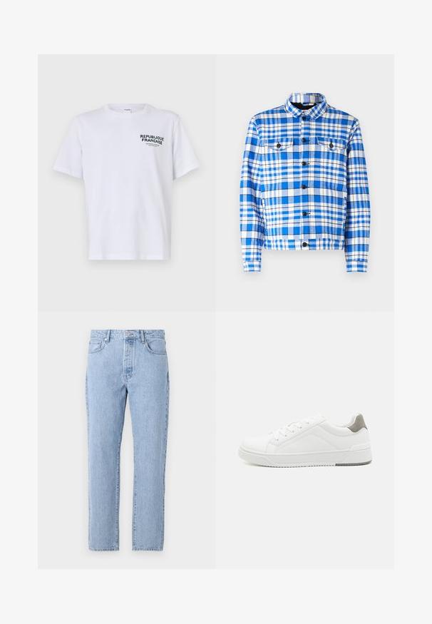 Karoblaues und weißes Hemd mit Kragen, ausgestattet mit zwei vorderen Taschen, schwarzen Knöpfen und einer weichen Stoffstruktur.; Weißes Baumwoll-T-Shirt mit kurzen Ärmeln und Rundhalsausschnitt. Der Druck auf der linken Brust trägt "REPUBLIQUE FRANCAISE" in dunkelgrüner Schrift.; Helle blaue Denim-Jeans mit geradem Schnitt, fünf Taschen und einem Knopfverschluss. Weiche Textur mit klassischem, ausgebleichtem Finish.; Weißer Sneaker aus glattem Leder, runde Zehenpartie, minimalistisches Design, graue Fersenkante und strukturierte Gummisohle.