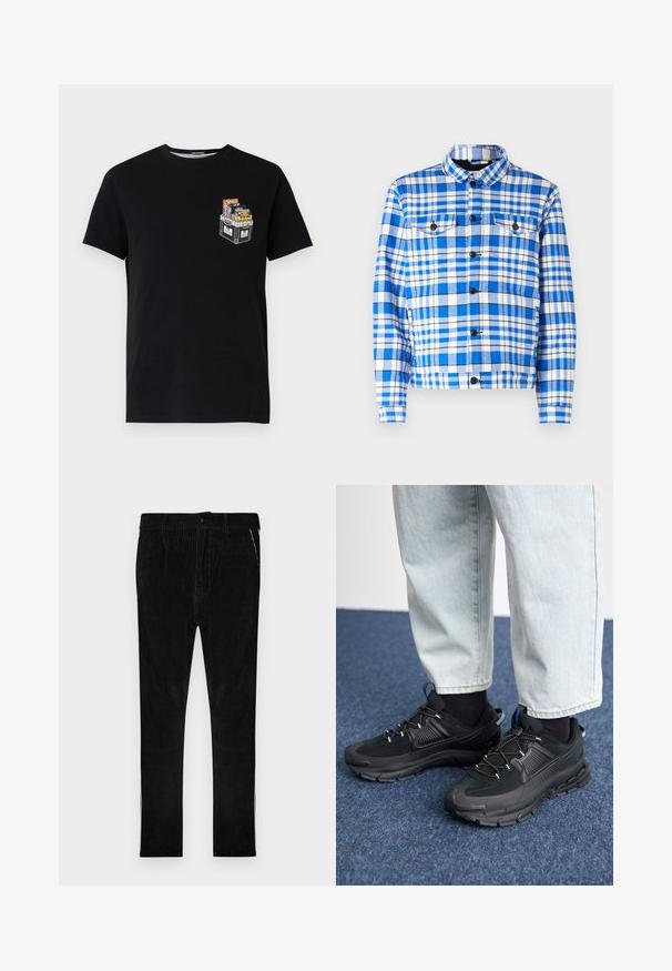 Blauw-wit geruit overhemd met een kraag, voorzien van twee voorzakken, zwarte knopen en een zachte stofstructuur.; Zwarte katoenen t-shirt met korte mouwen, voorzien van een kleine graphic van een crate gevuld met kleurrijke items op de linkerkant van de borst.; Zwarte corduroy broek met verticale ribbels, voorzien van een klassieke sluiting met knoop en ritssluiting, zijzakken en rechte pijpen.; Zwarte sportschoenen met gestructureerde stof en rubberen zolen, met elastische veters en een blauwe accent op de hiel. Draag samen met lichte spijkerbroeken.