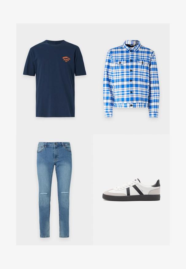 Blauw-wit geruit overhemd met een kraag, voorzien van twee voorzakken, zwarte knopen en een zachte stofstructuur.; Navyblauwe katoenen T-shirt met korte mouwen, een ronde hals en een oranje geborduurd "Wrangler Jeans 1947" logo op de borst.; Lichtblauwe denim jeans met een slim fit, voorzien van twee voorzakken, gescheurde knieën en een standaard tailleband met een metalen knoopsluiting.; Witte sneaker met zwarte en grijze accenten, voorzien van een grijze neus met textuur, zwarte rubberen zool en platte witte veters. Schoon ontwerp, minimalistische stijl.