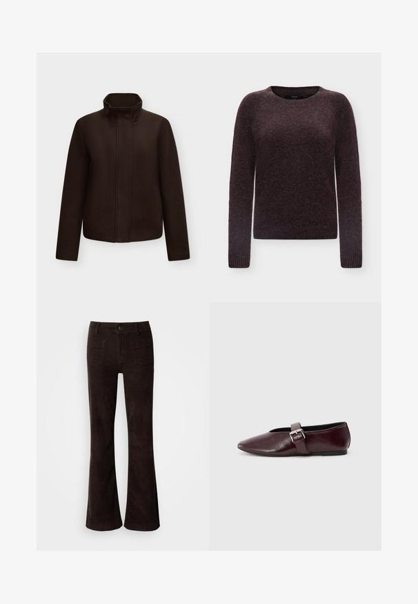 Veste en laine brun foncé à manches longues avec col montant, fermeture avant cachée, présentée sur un fond uni gris clair.; Pull en maille violet foncé à manches longues avec col rond et poignets côtelés, présenté sur un fond clair uni.; Pantalon évasé en velours côtelé marron avec une taille haute, une fermeture boutonnée à l'avant et deux poches arrière. Texture lisse avec une finition légèrement brillante.; Ballerines en cuir bordeaux avec un bout pointu, une semelle plate et une sangle décorative avec boucle sur le cou-de-pied. Texture lisse et brillante.