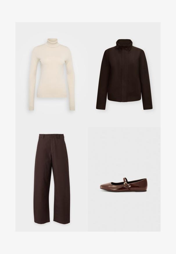 Mørkebrun uldjakke med lange ærmer og stående krave, skjult lukning foran, vist på en ensartet lys grå baggrund.; Vero Moda Tall VMHAPPINESS ROLLNECK - Striktrøje - oatmeal; Brune bukser med lige ben, bæltestropper og frontlynlås, vist mod en ensfarvet hvid baggrund.; Brun patentlæder balletflade med firkantet tå og strop med en lille guldbuckle. Glat tekstur, lav hæl og minimalistisk design.