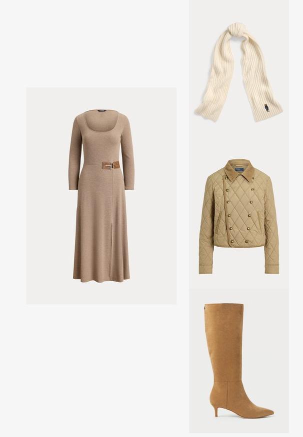 Veste matelassée marron clair avec col en velours côtelé, devant croisé à boutons métalliques et deux poches latérales verticales.; Robe longue marron à manches longues avec un décolleté carré et une taille ceinturée arborant une boucle en métal. Le tissu est doux avec un léger éclat et une fente sur le côté.; Lauren Ralph Lauren MCKAY SUEDE TALL BOOT HEEL - Bottes - camel; Écharpe en maille côtelée couleur crème avec un petit ours brodé portant une tenue bleue et le mot "Polo" près d'une extrémité.
