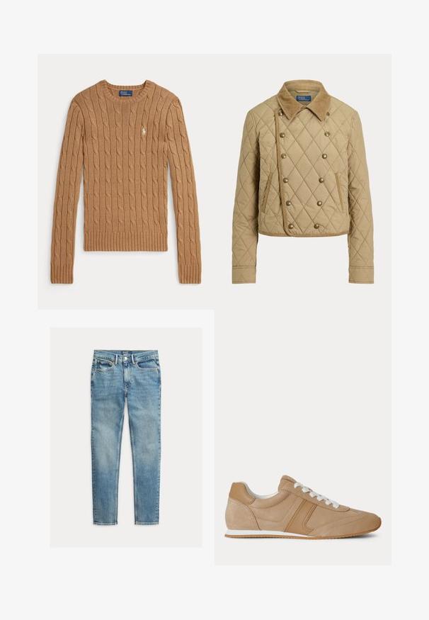 Lysebrun quiltet jakke med kordfløjls krave, dobbeltradet front med metal knapper og to lodrette sidelommer.; Camelfarvet kabelstrikket sweater med lange ærmer, ribstrikkede manchetter og kant. Har en lille broderet logo på brystet.; Lyseblå slim-fit jeans med fem lommer og knaplukning, lagt fladt på en hvid baggrund.; Lysebrun ruskind og læder lavtop-sneaker med hvide snørebånd og hvid gummisål vist fra siden på en hvid baggrund.
