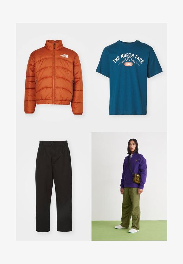 En pufferjakke i orange med høj krave, lynlåslukning, stikninger og logo på venstre bryst. To sidelommer.; The North Face M VARSITY GRAPHIC RELAXED SS TEE - T-shirts print - midnight petrol; Sorte bukser lavet af glat stof, med knaplukning, lige pasform og to frontfolder for ekstra detalje.; Jordan AIR JORDAN 1 ZM CMFT 2 - Sneakers high - summit white/bicoastal/oxidized green