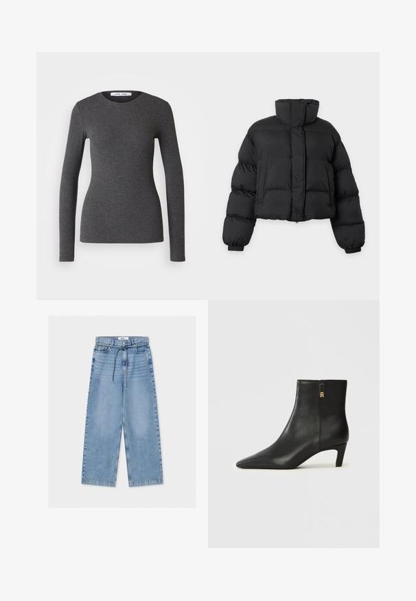 Chaqueta acolchada negra con cuello alto, mangas largas abullonadas, puños elásticos y cremallera frontal oculta por una solapa.; Top de manga larga y cuello redondo en gris oscuro, confeccionado en tejido acanalado con un diseño ajustado, que presenta una textura suave y un detalle mínimo.; Vaqueros de pierna ancha en azul claro con cintura alta, cierre de botón y cremallera, bolsillos delanteros y un cinturón delgado con cordón.; Botines de cuero negro con punta afilada y un pequeño tacón cónico. Cuenta con una cremallera lateral con un detalle dorado. Textura lisa.