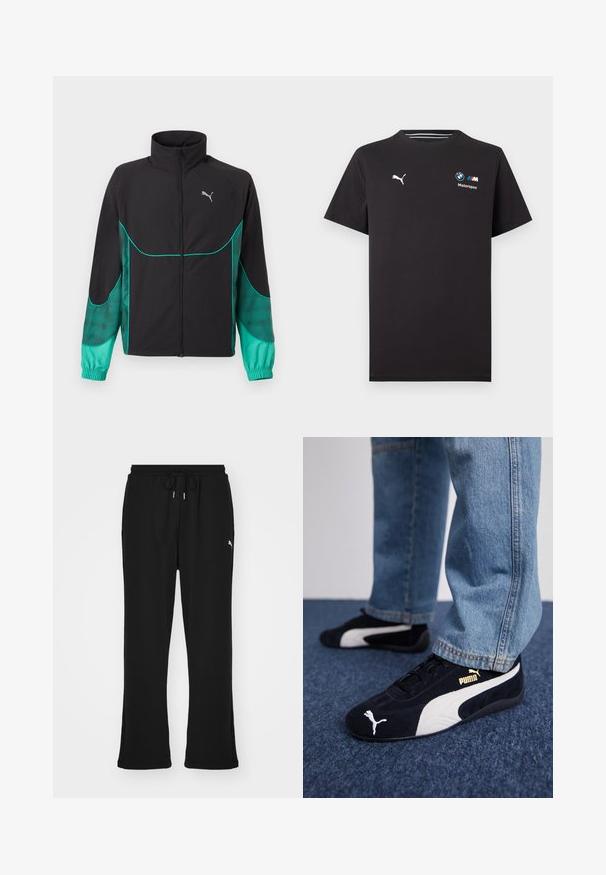 Chaqueta deportiva negra y turquesa con cremallera completa en el frente, cuello alto, puños elásticos y logo de Puma en el pecho izquierdo.; Camiseta negra de manga corta con el logo de Puma en el lado izquierdo del pecho y el logo de BMW Motorsport en el lado derecho del pecho.; Pantalones de chándal negros con cintura elástica y cordón, con bolsillos laterales y un sutil logo en la pierna izquierda. Tela suave, forma acampanada.; Zapatillas de ante negras con acentos blancos, que presentan un logo dorado. Combinadas con unos jeans de mezclilla azul claro y colocadas sobre una superficie texturizada azul.