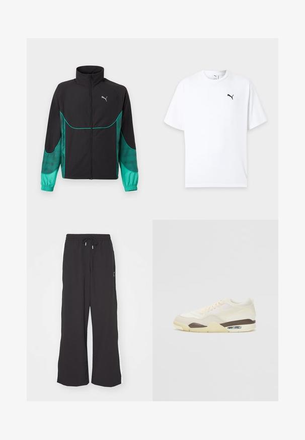 Schwarze und türkise Trainingsjacke mit durchgehendem Frontreißverschluss, hohem Kragen, elastischen Bündchen und Puma-Logo auf der linken Brust.; Weißes T-Shirt mit kurzen Ärmeln und Rundhalsausschnitt mit kleinem schwarzem Puma-Logo auf der linken Brust vor hellem Hintergrund.; Schwarze weite Sweatpants mit elastischem Bund und Kordelzug. Mit weißen Seitenstreifen und zwei Seitentaschen. Glatte Textur.; Schuh mit einem cremefarbenen Obermaterial aus Mesh und glatten Texturen, einem braunen Akzent, einer hellgelben Sohle und sichtbarer Luftpolsterung in der Ferse.