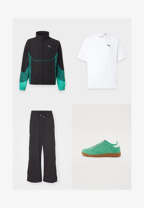 Zwart en turquoise trainingsjack met volledige ritssluiting aan de voorkant, hoge kraag, elastische manchetten en Puma-logo op de linkerborst.; Witte T-shirt met korte mouwen en ronde hals met een klein zwart Puma-logo op de linkerborst tegen een lichte achtergrond.; Zwarte wijde sweatpants met een elastische tailleband en trekkoord. Voorzien van witte zijstrepen en twee zijzakken. Glad textuur.; Groene suède sneakers met een rubberen gumzool, met een ronde neus, vetersluiting en een getextureerde accent op de hak.