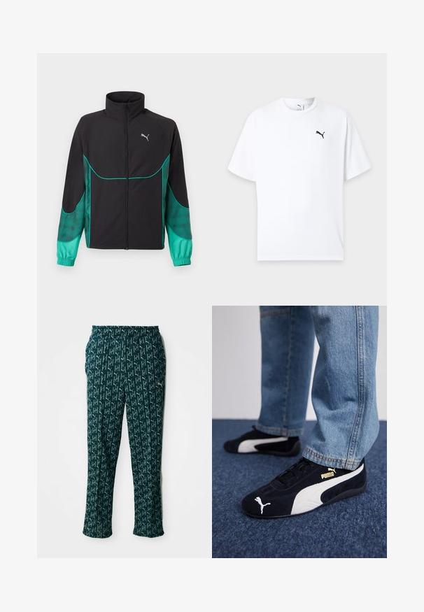 Sort og turkis løbejakke med fuld lynlås foran, høj krave, elastiske manchetter og Puma-logo på venstre bryst.; Hvid t-shirt med korte ærmer og rund hals med en lille sort Puma-logo på venstre bryst mod en lys baggrund.; Grønne mønstrede bukser med et gentaget logo-design, med elastisk talje og lige snit, præsenteret mod en neutral baggrund.; Sorte ruskinds sneakers med hvide detaljer og et guldlogo. Båret med lyseblå denimjeans og sat på en struktureret blå overflade.