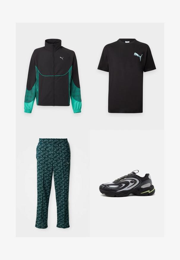 Sort og turkis løbejakke med fuld lynlås foran, høj krave, elastiske manchetter og Puma-logo på venstre bryst.; Sort T-shirt med korte ærmer og lille lyseblåt Puma-logo på venstre bryst mod hvid baggrund.; Grønne mønstrede bukser med et gentaget logo-design, med elastisk talje og lige snit, præsenteret mod en neutral baggrund.; Sort og grå Lacoste Storm 2K sneaker med bølgemønstre, snøredesign og en tyk sål med en lys grøn accent.