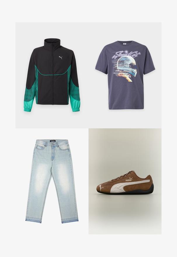 Čierno-tyrkysová športová bunda s celopredným zipsom, vysokým golierom, elastickými manžetami a logom Puma na ľavej strane hrudníka.; Tmavošedé tričko s digitálnym grafickým motívom pretekárskej prilby a slovom "Steadfast" nad ňou v štýlovom texte.; Pegador BARROW - Džínsy široké - sand washed blue; Hnedá semišová teniska s bielymi akcentmi a textúrovaným dizajnom. Má čiernu gumovú podrážku a výrazné logo Puma na boku.