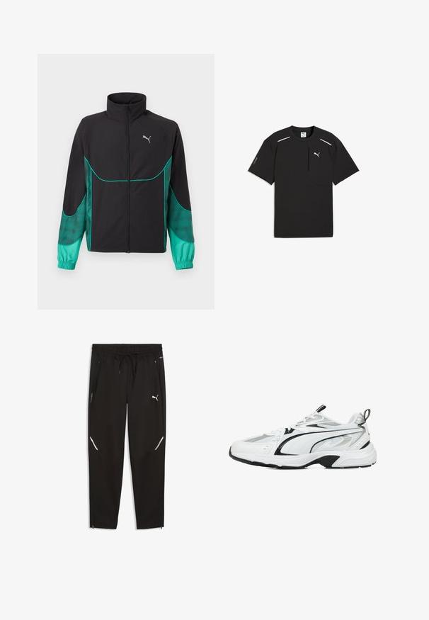 Sort og turkis løbejakke med fuld lynlås foran, høj krave, elastiske manchetter og Puma-logo på venstre bryst.; Sort Puma Tech T-shirt med korte ærmer, hvidt logo på brystet, lynlåslomme foran til højre og reflekterende striber nær skuldrene.; Sorte atletikbukser lavet af letvægtsmateriale. Har elastisk linning, snøre, lynlåslommer og reflekterende detaljer.; Hvide atletiske sneakers med sorte og sølvfarvede accenter, meshe- og syntetiske materialer, tekstureret overdel, polstret sål og snørebåndsdesign.