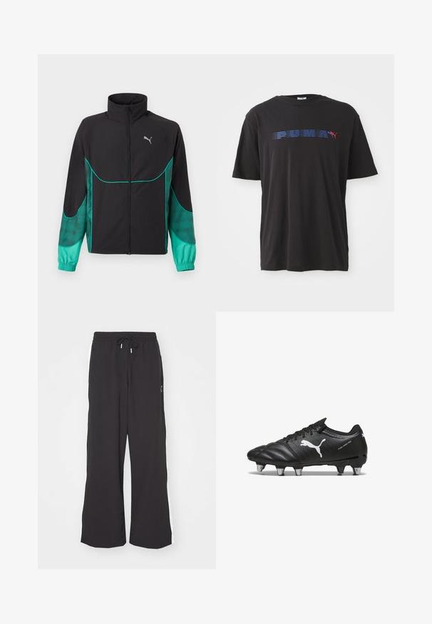 Sort og turkis løbejakke med fuld lynlås foran, høj krave, elastiske manchetter og Puma-logo på venstre bryst.; Sort bomulds t-shirt med en blå vandret stribe, der har ordet "PUMA" og et rødt logo af en springende puma på fronten. Korte ærmer.; Sorte sweatpants med vid benvidde, elastisk talje og snor. Har hvide sidestriber og to sidelommer. Glat overflade.; Sorte fodboldstøvler med tekstureret materiale, hvidt Puma-logo, snørebåndslukning og metalstifter for godt greb. Designet understreger ydeevne og støtte.