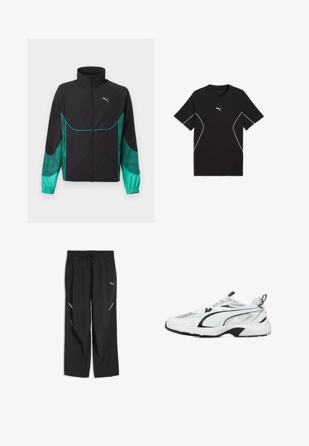 Sort og turkis løbejakke med fuld lynlås foran, høj krave, elastiske manchetter og Puma-logo på venstre bryst.; Sort atletik t-shirt med hvide detaljer, rund halsudskæring, korte ærmer og glat stof. Har Puma-logo på brystet.; Sorte atletikbukser med elastisk talje, snøre, lynlåslommer og reflekterende striber på benene, med Puma-logo på højre side.; Hvide atletiske sneakers med sorte og sølvfarvede accenter, meshe- og syntetiske materialer, tekstureret overdel, polstret sål og snørebåndsdesign.