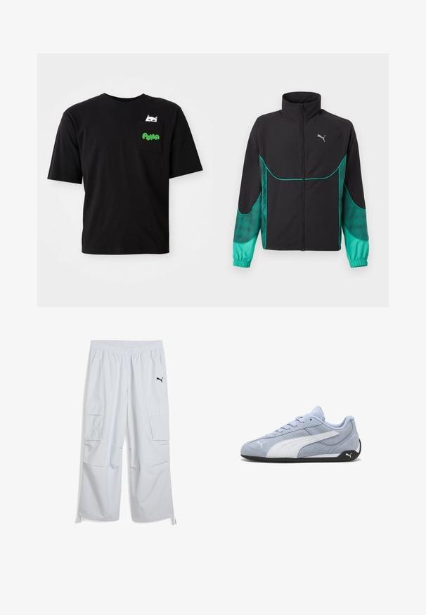 Schwarze und türkise Trainingsjacke mit durchgehendem Frontreißverschluss, hohem Kragen, elastischen Bündchen und Puma-Logo auf der linken Brust.; Schwarzes Baumwoll-T-Shirt mit kurzen Ärmeln, ausgestattet mit einer Tasche, die eine Katzengrafik und grünen "PUMA"-Text zeigt. Lässiger Schnitt und glatte Textur.; Hellgraue Cargo-Hosen mit einem elastischen Bund, zwei Seitentaschen und einem schwarzen Logo am linken Bein; aus einem leichten Stoff gefertigt.; Hellblauer Wildleder-Sneaker mit weißen Akzenten, perforierter Textur und schwarzer Gummisohle. Verfügt über Schnürsenkel und ein seitliches Logo.
