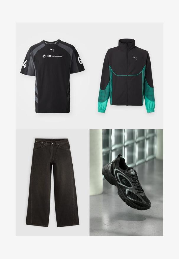 Sort og turkis løbejakke med fuld lynlås foran, høj krave, elastiske manchetter og Puma-logo på venstre bryst.; Sort t-shirt med grå accenter, korte ærmer, rund halsudskæring, med BMW- og Puma-logoer og tallet '4' på ærmet.; Sorte vidbenede denimjeans med forlommer, knaplukning og bæltestropper, vist fladt på en lys baggrund.; Sort atletiksko med mesh og syntetisk materiale, der har en tekstureret sål, slankt design, sølvdetaljer og snørebånd foran.