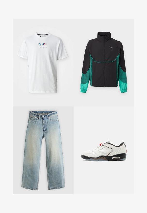 Must ja türkiissinine jooksujakk, millel on täispikk eesmine tõmblukk, kõrge krae, elastsed varrukasäärised ja Puma logo vasakul rinnal.; Valge puuvillane T-särk, millel on BMW logo, hall "Motorsport" tekst ja värvilised aktsendid külgedel. Lühikesed varrukad ja ühe otsa kraed.; Hele sinine, lai säärega teksapüksid tuhmunud viimistlusega. Omavad tavapärast viie taskuga disaini ja metallist nööpkinnitust.; Valge, must ja punane madala säärega sportlik toss, millel on pooridega nahk ja läbipaistev tald, külgvaates valgel taustal.