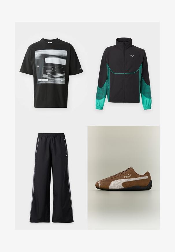 Chaqueta deportiva negra y turquesa con cremallera completa en el frente, cuello alto, puños elásticos y logo de Puma en el pecho izquierdo.; Camiseta de algodón negra con un estampado gráfico que incluye elementos de texto, como "FORMULA 1 RACING" y "P1". Cuello redondo y mangas cortas.; Pantalones deportivos negros de pierna ancha con ribetes blancos a lo largo de los lados y cinturilla elástica, con un pequeño logo de Puma en el muslo derecho.; Zapatilla de ante marrón con detalles en blanco y diseño texturizado. Cuenta con una suela de goma negra y un prominente logo de Puma en el lateral.